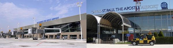 Collage of Skopje and Ohrid airport terminals with jet bridges.